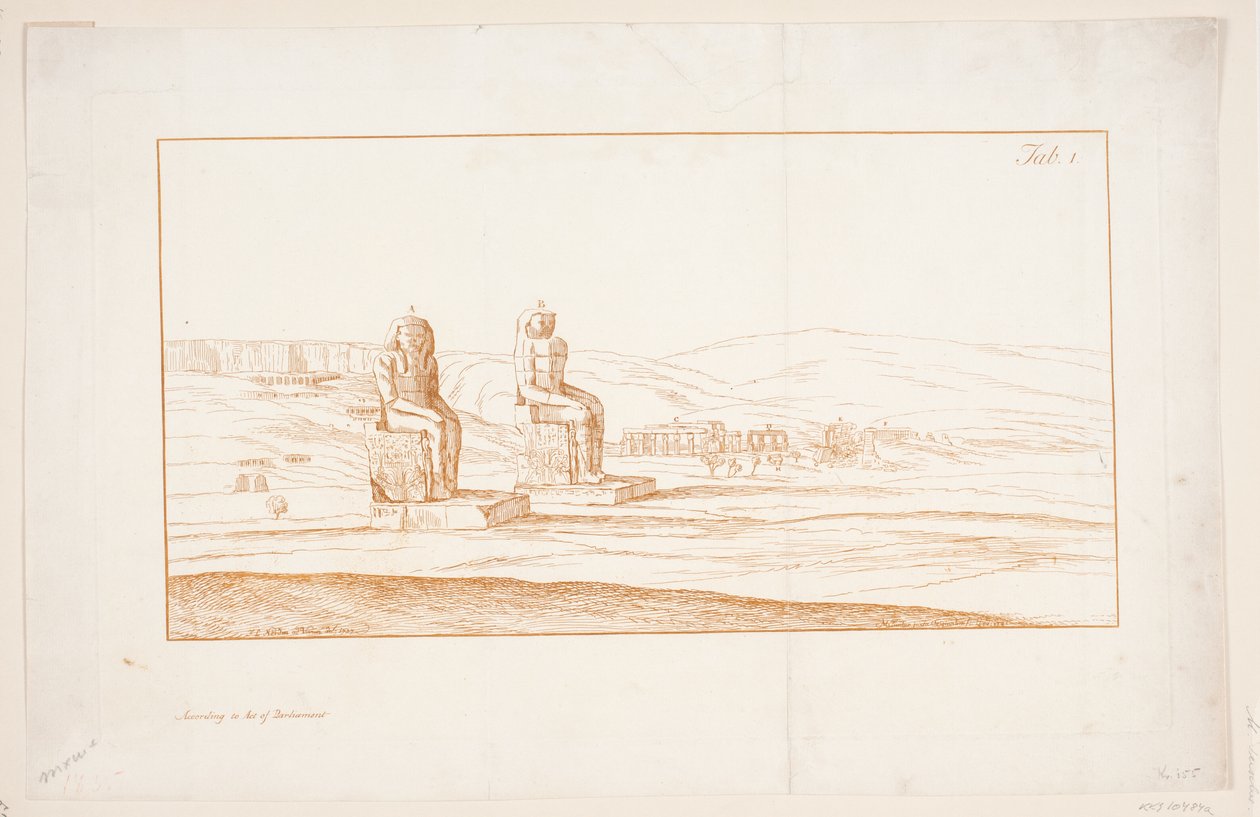 Illustration till "Teckningar av några ruiner och kolossala statyer vid Thebe i Egypten med en redogörelse för berömmelsen i ett brev till Royal Society", London 1741 av Marcus Tuscher