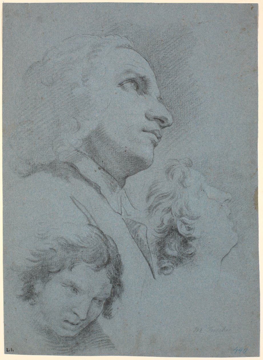 Studietidning med tre huvuden. Studie för "The Miracle of San Giuseppe Calasanz" av Marcus Tuscher