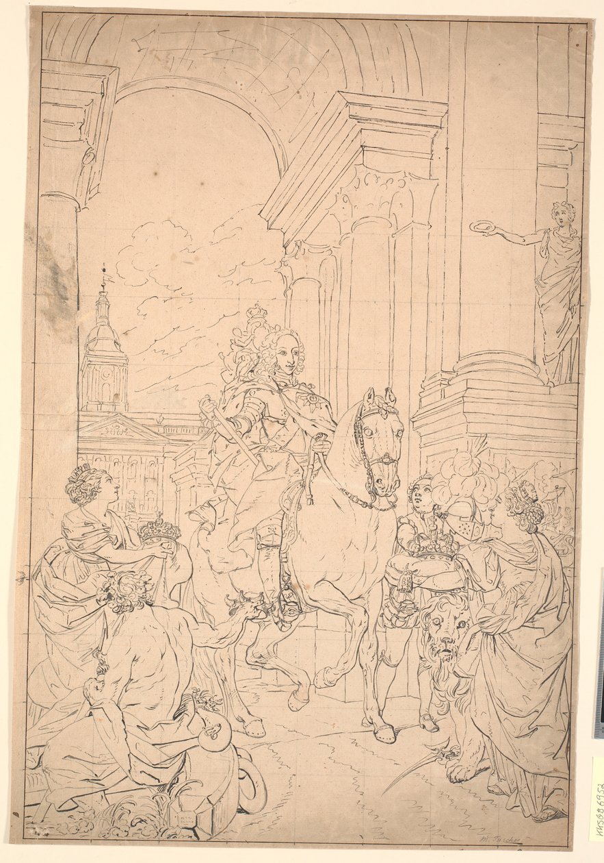 Utkast till målningen: Danmark och Norge hyllar Chr. VI (brände med Christiansborg 1794) av Marcus Tuscher