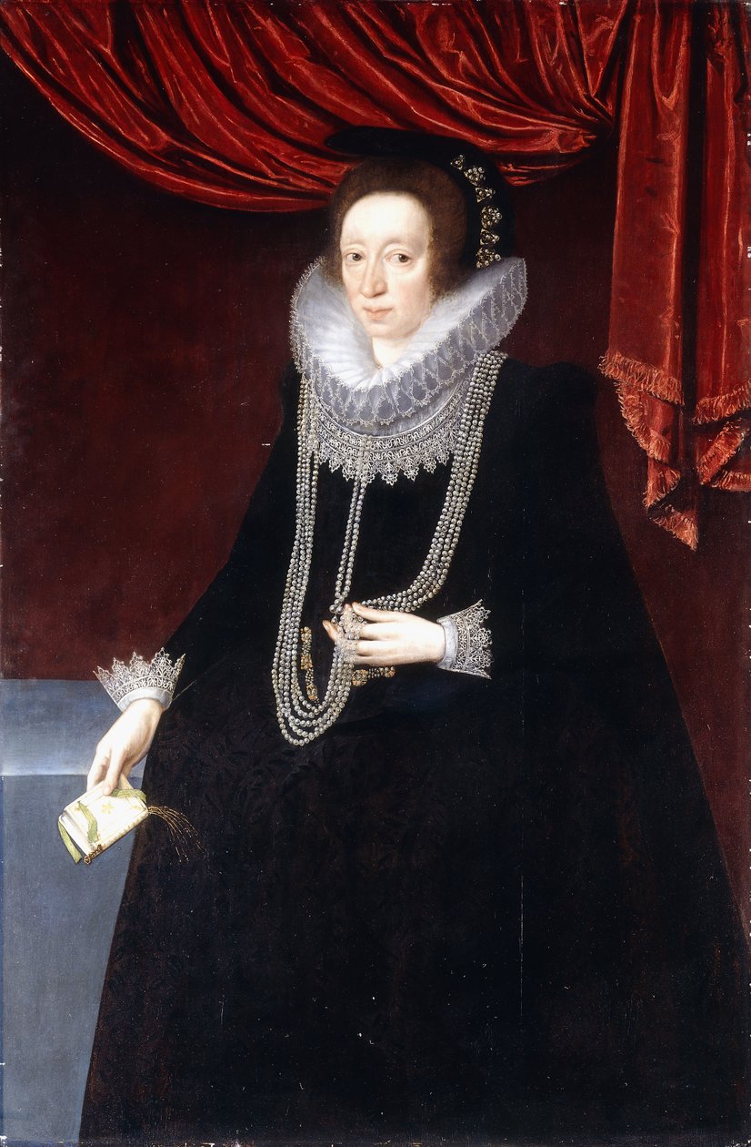 Porträtt av Margaret Belasyse, i en svart klänning, med ett pärlhalsband och en bok i höger hand av Marcus the Younger Gheeraerts