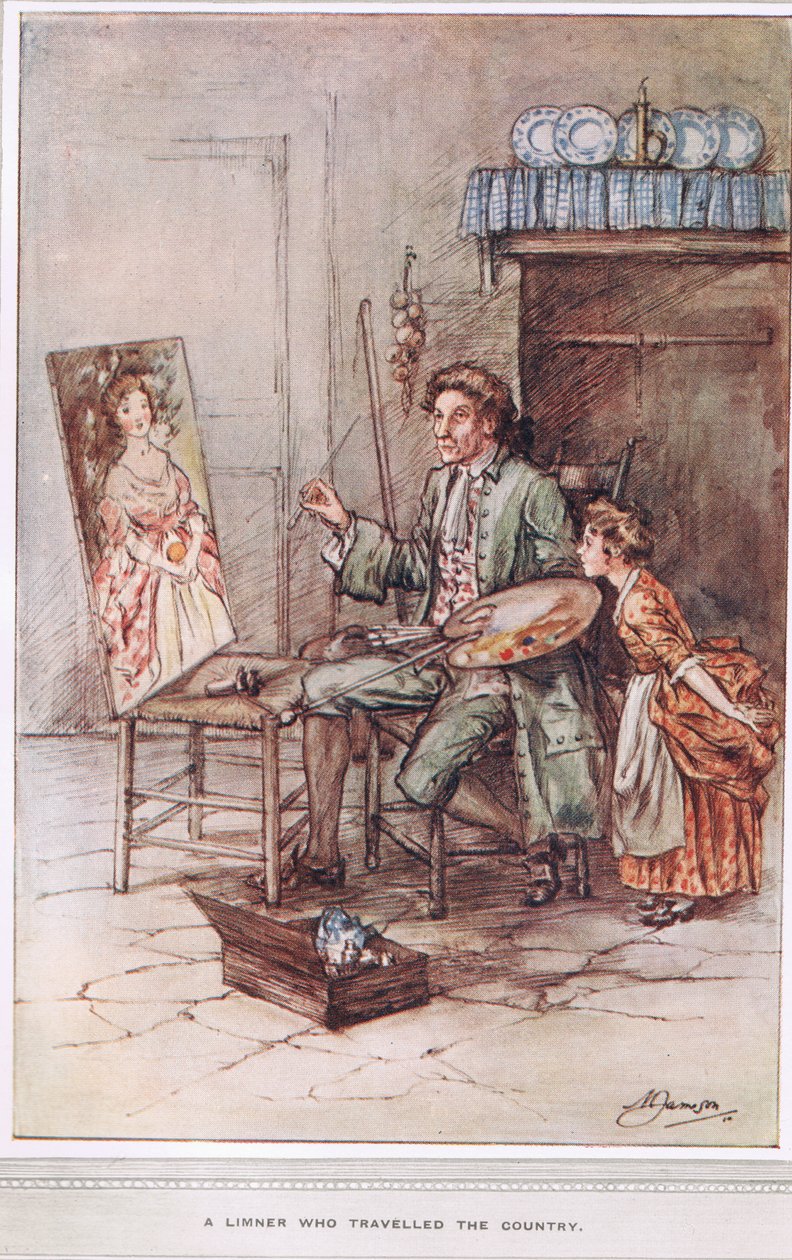 En Limner som reste runt i landet, illustration från "The Vicar of Wakefield" av Oliver Goldsmith, ca 1910. av Margaret Jameson