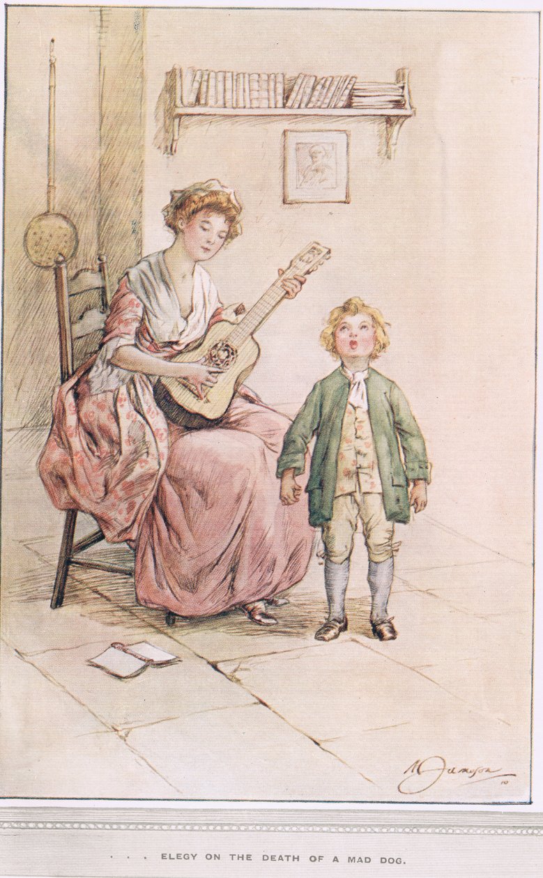 Elegi om döden av en galen hund, illustration från "The Vicar of Wakefield" av Oliver Goldsmith, ca 1910 av Margaret Jameson