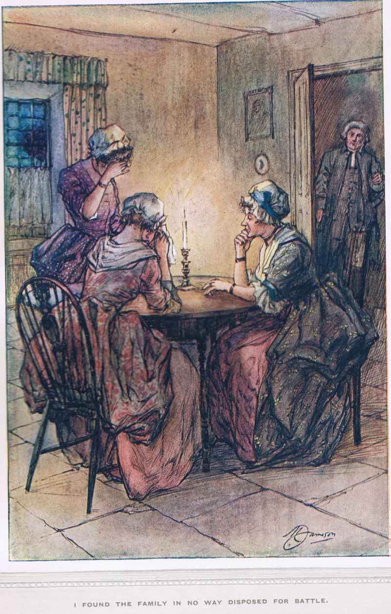 "Jag fann att familjen inte på något sätt var redo för strid", illustration från "The Vicar of Wakefield" av Oliver Goldsmith, ca 1910 av Margaret Jameson