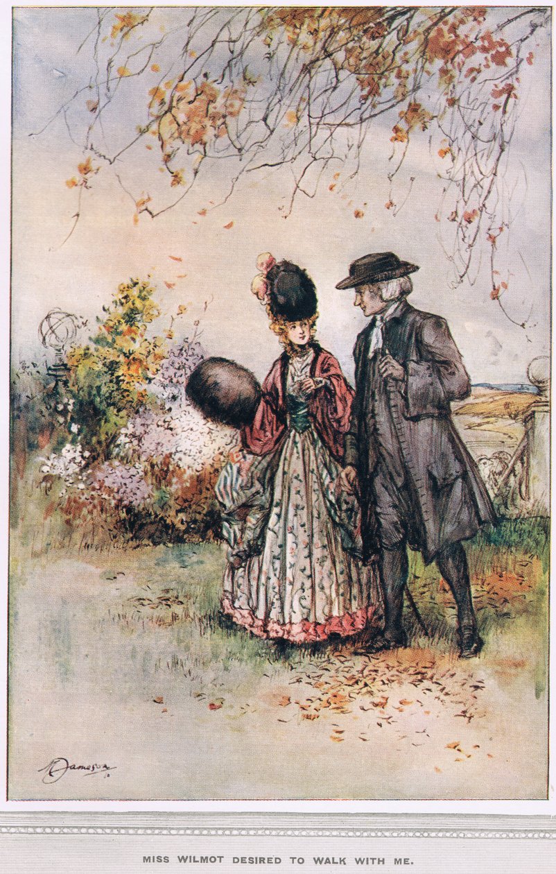 "Miss Wilmot önskar att gå med mig", illustration från "The Vicar of Wakefield" av Oliver Goldsmith, ca 1910 av Margaret Jameson