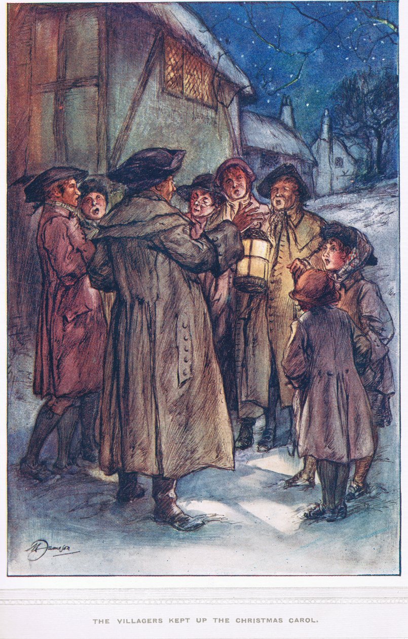 Byborna höll upp julsången, illustration från "The Vicar of Wakefield" av Oliver Goldsmith, ca 1910 av Margaret Jameson