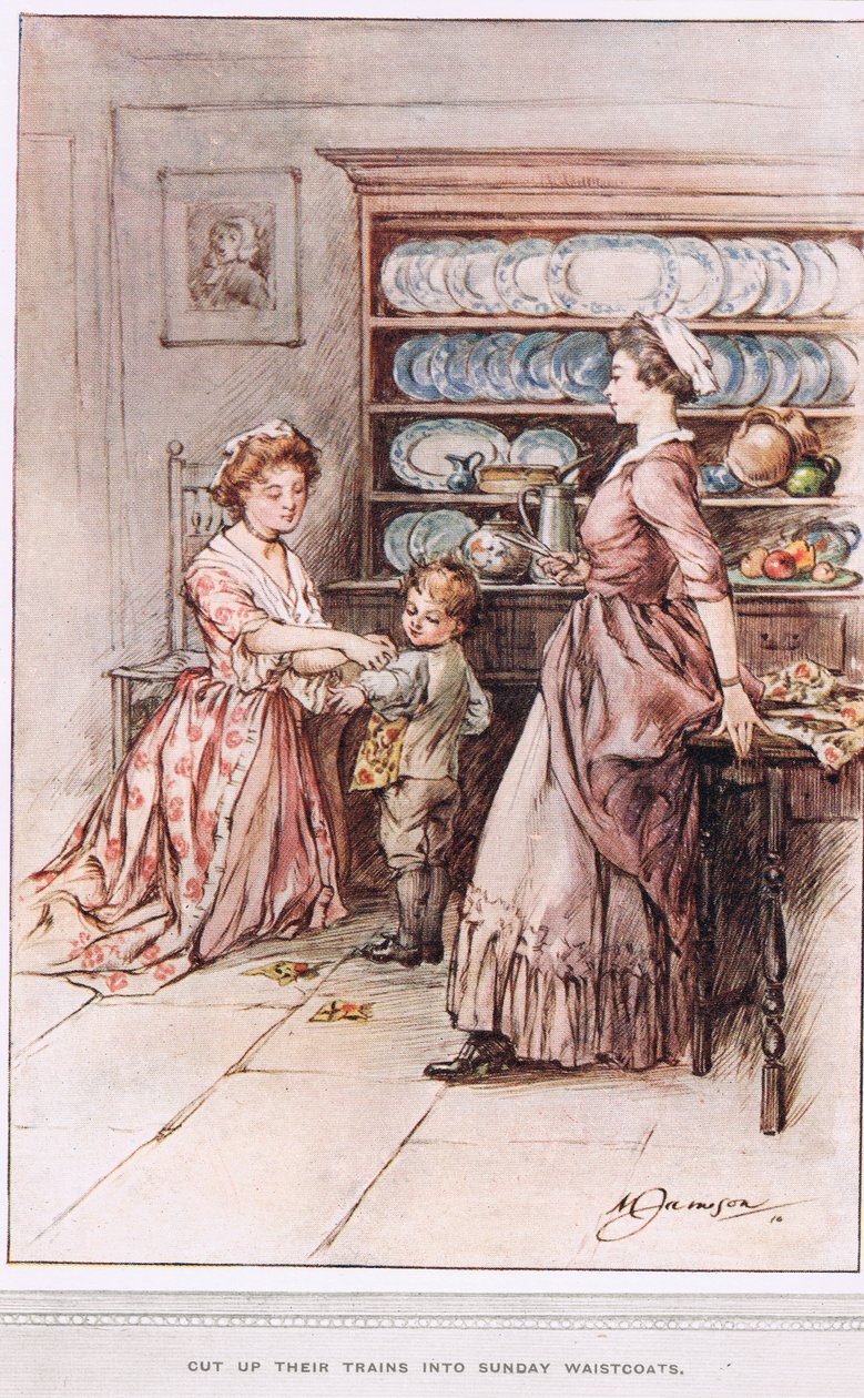 De klippte upp sina tåg till söndagskläder, illustration från "The Vicar of Wakefield" av Oliver Goldsmith, ca 1910. av Margaret Jameson