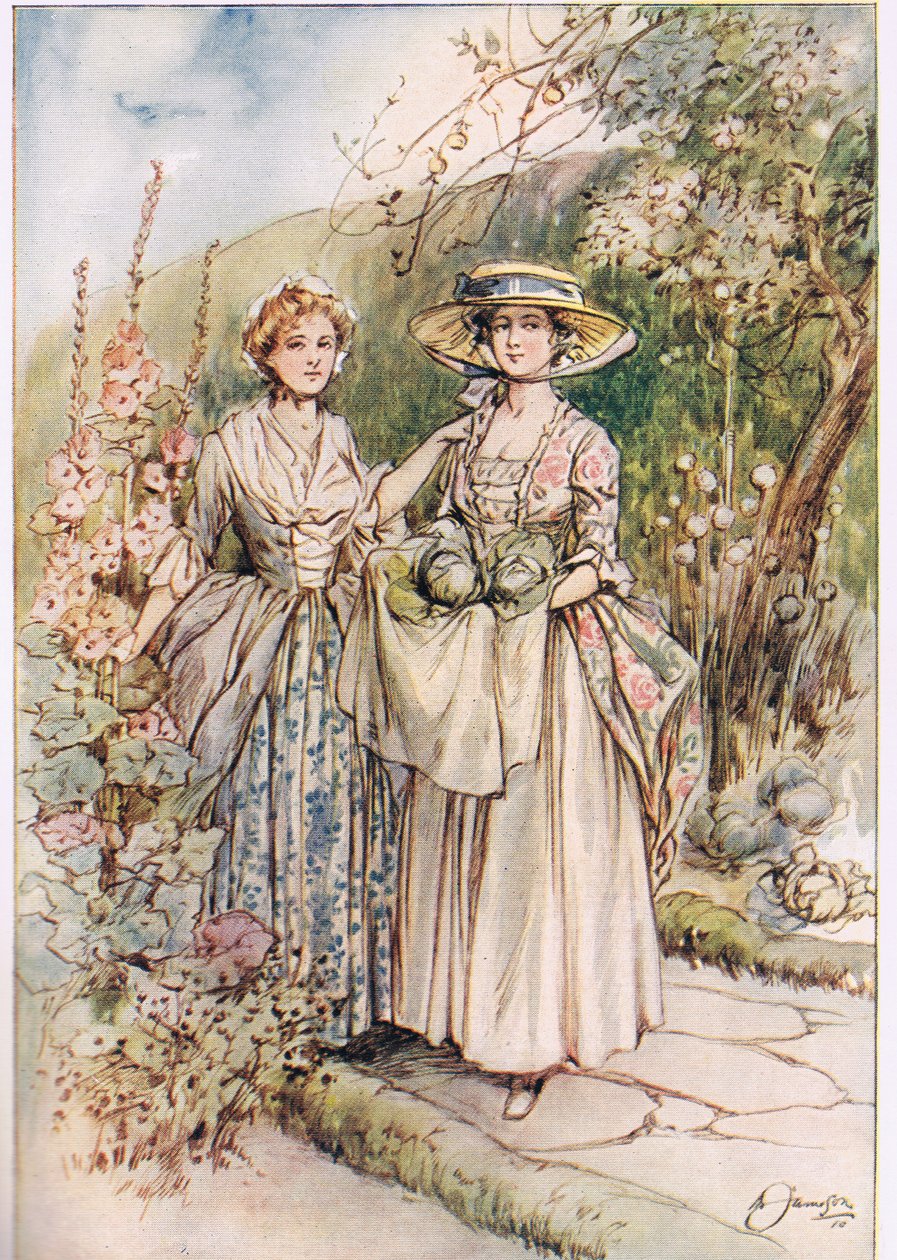 "Vi träffades i trädgården", illustration från Oliver Goldsmiths "The Vicar of Wakefield", ca 1910. av Margaret Jameson