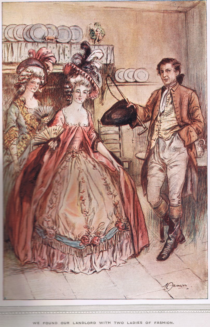 "Vi hittade vår hyresvärd tillsammans med de två modekvinnorna", illustration från "The Vicar of Wakefield" av Oliver Goldsmith, ca 1910. av Margaret Jameson