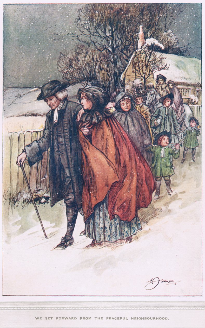 "Vi tar oss fram från det fredliga grannskapet", illustration från "The Vicar of Wakefield" av Oliver Goldsmith, ca 1910 av Margaret Jameson