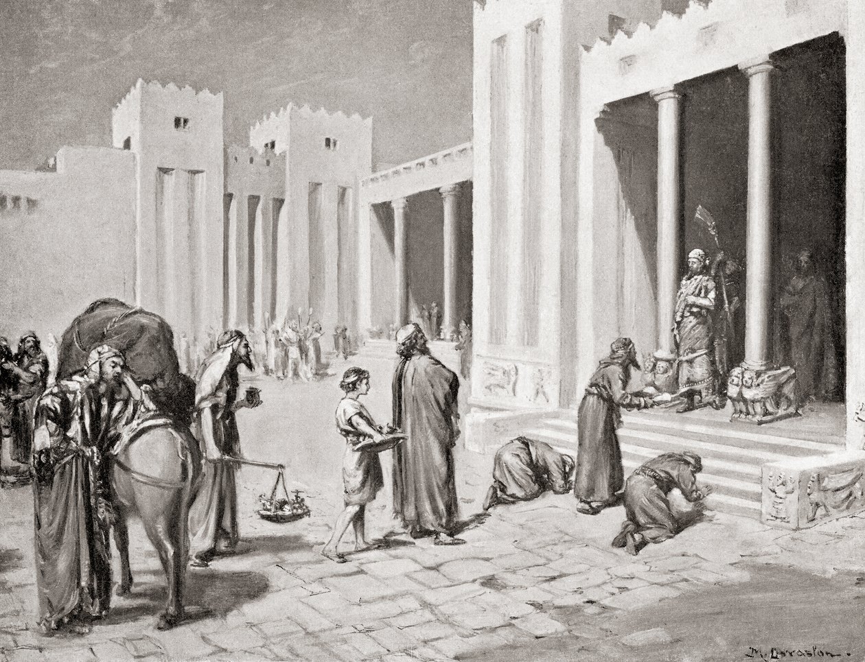 En syro-hettitisk prins intervjuar en grupp av sina semitiska undersåtar i Bit-hilani, från Hutchinsons History of the Nations, pub.1915 av Margaret (after) Dovaston