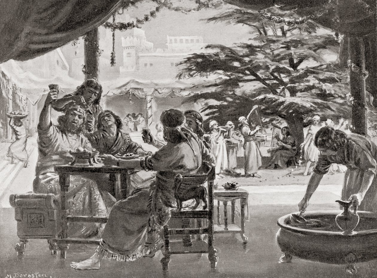 Glädje i Babylon vid Esarhaddons återuppbyggnad av staden, från Hutchinsons History of the Nations, pub.1915 av Margaret (after) Dovaston
