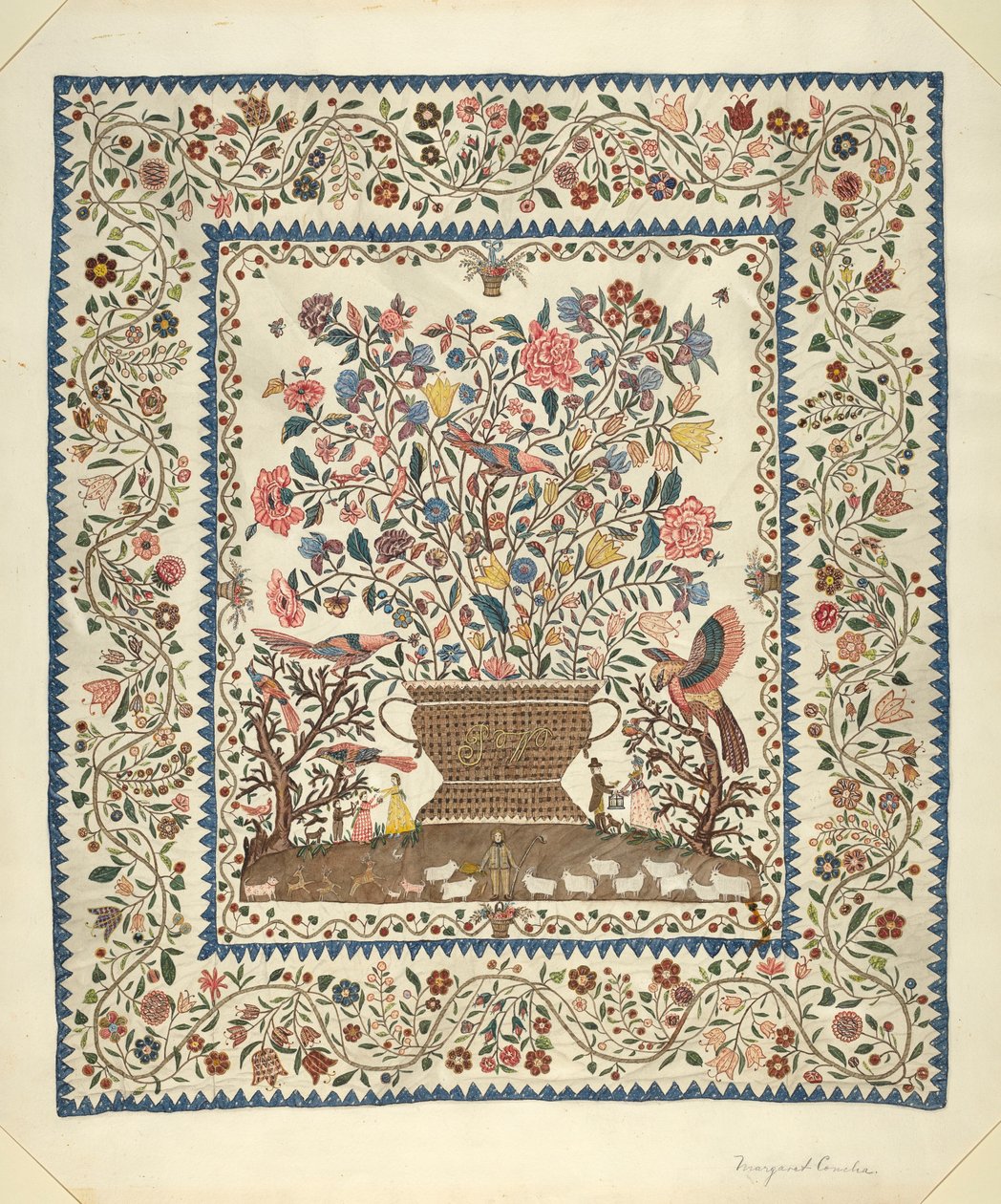Applikation och broderat täcke av Margaret Concha