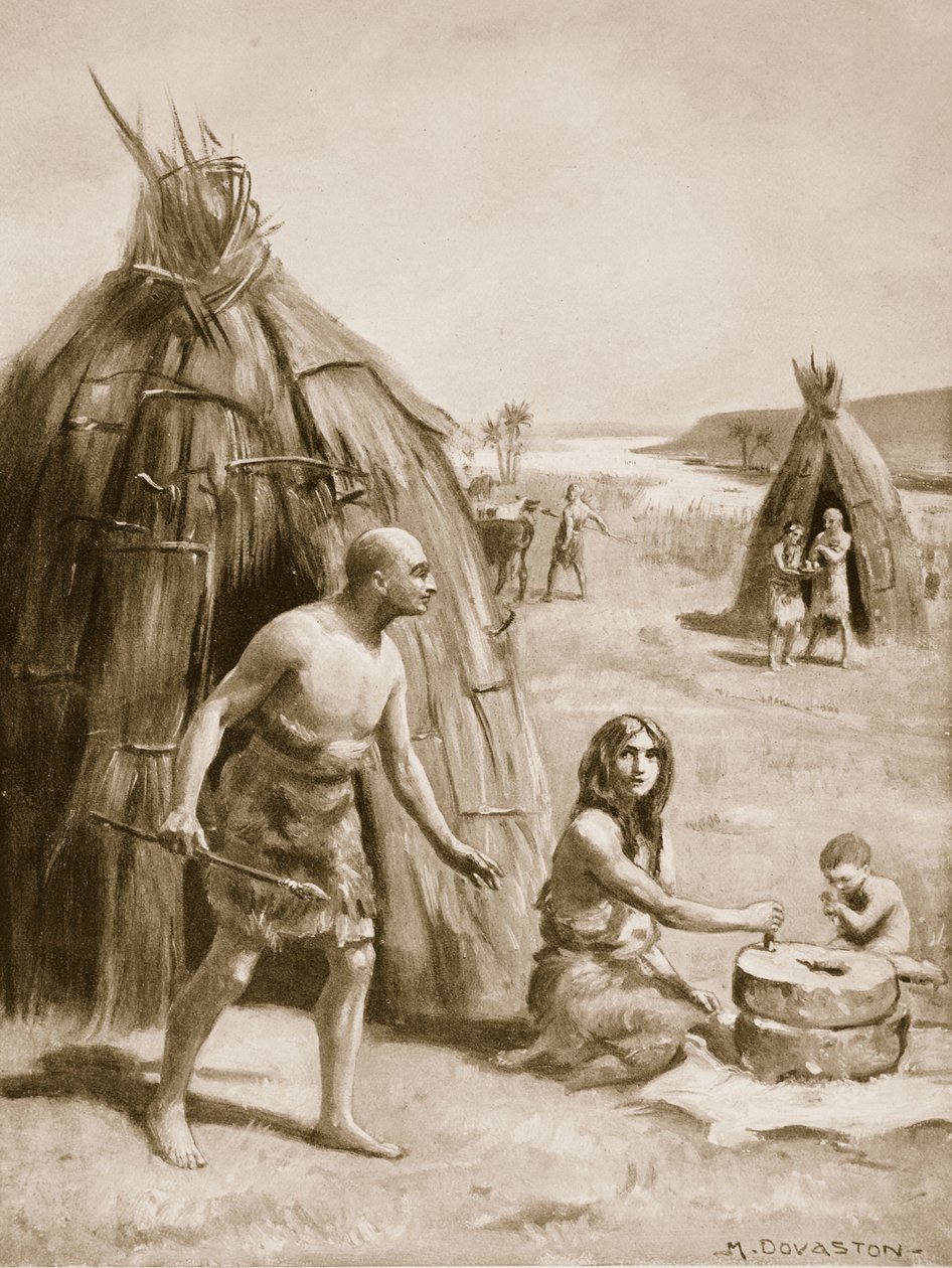 En primitiv sumerisk bosättning, illustration från "Hutchinsons History of the Nations", ca 1910 (litografi) av Margaret Dovaston