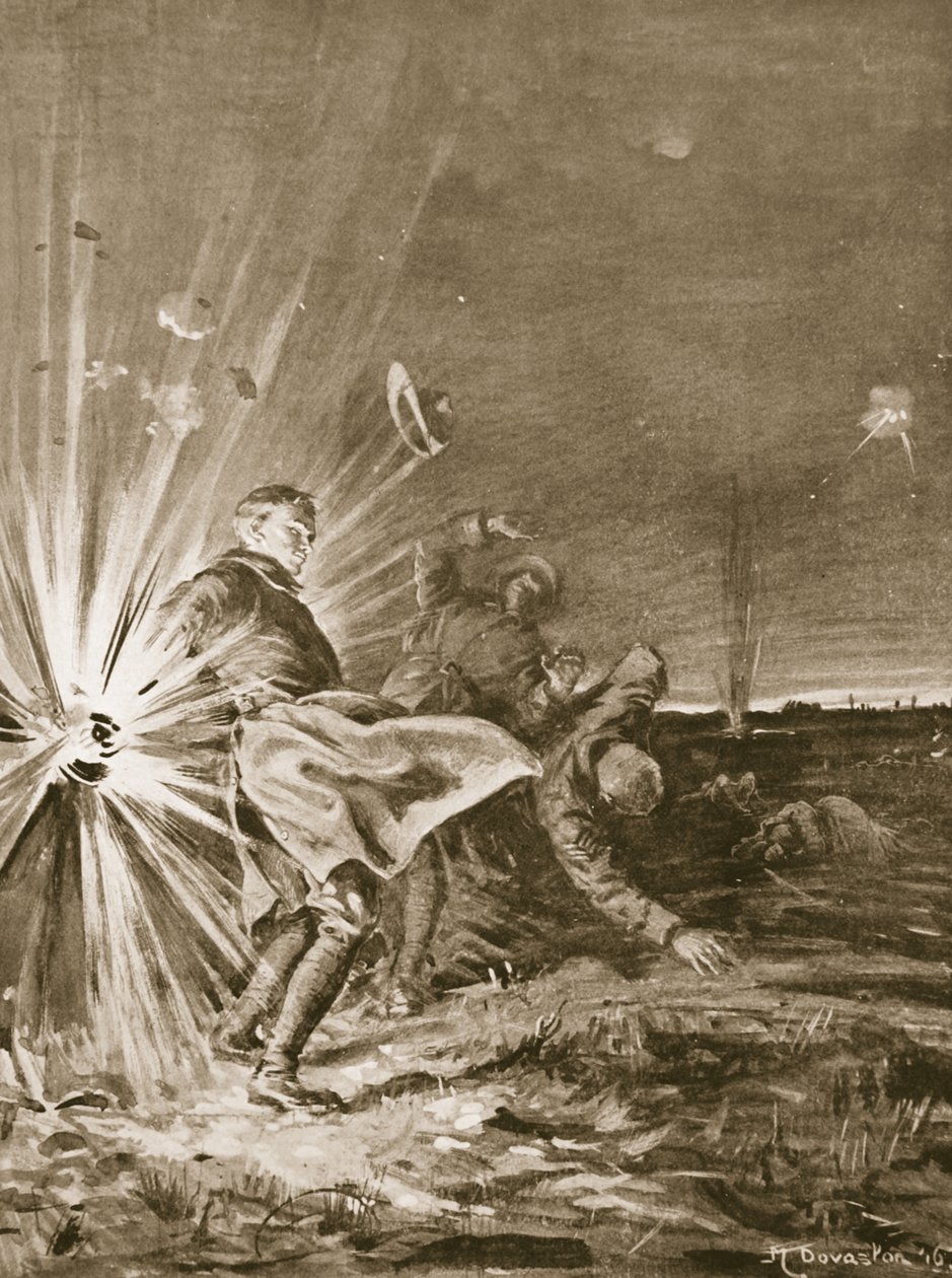 En granat exploderar nära menige Jackson och blåser av hans arm när han hjälper till att föra in en sårad man (litografi) av Margaret Dovaston