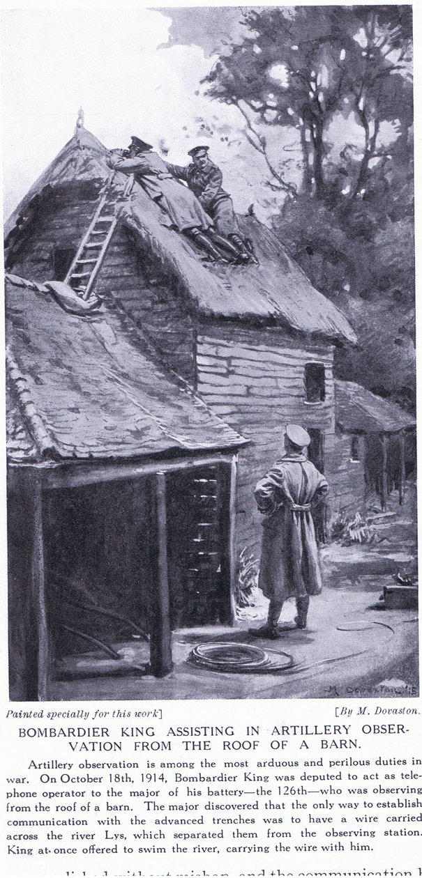 Bombadier King hjälper till med artilleriobservationer från taket på en lada på andra sidan floden Lys oktober 1914 (litografi) av Margaret Dovaston