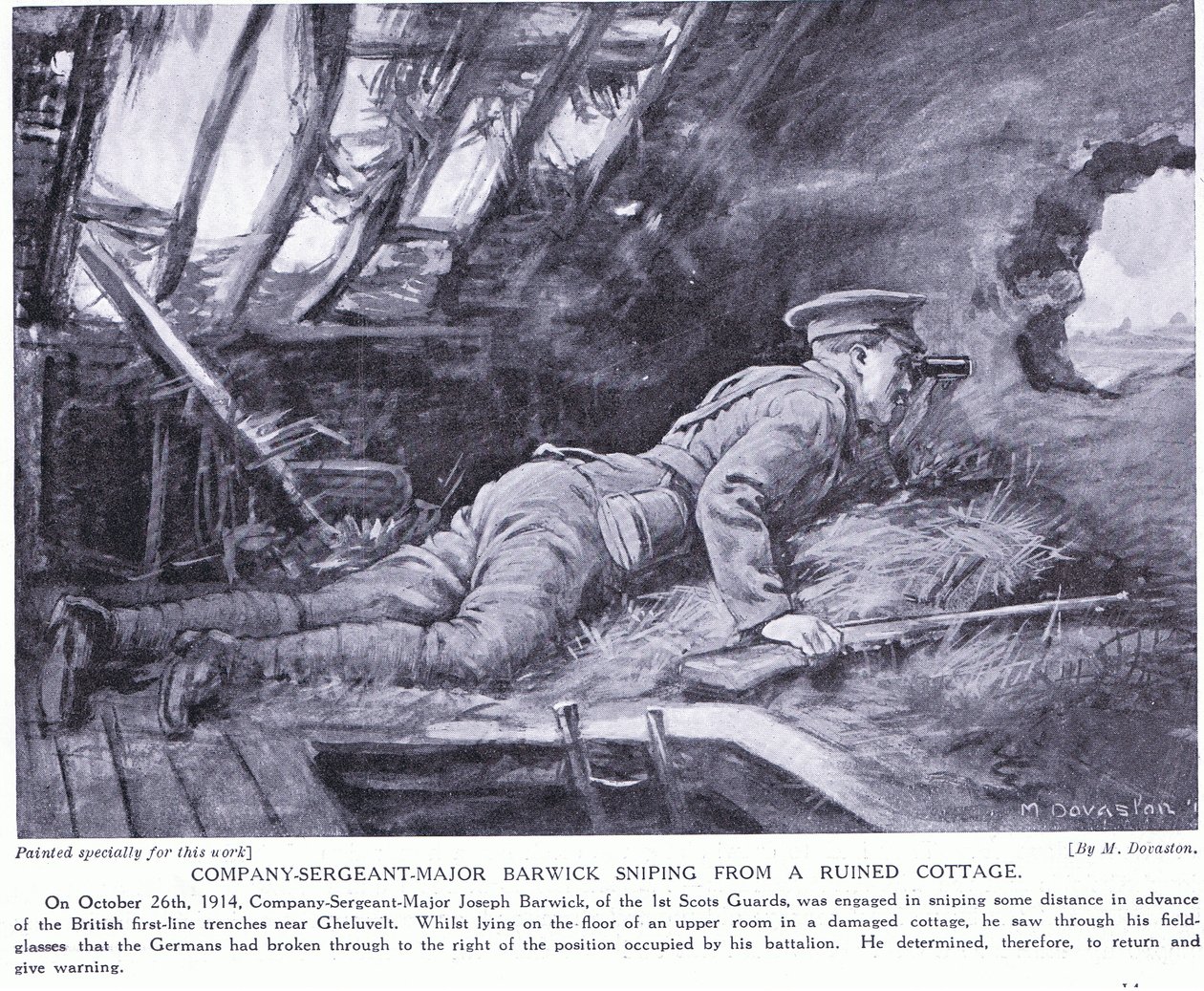 Kompaniets sergeant major Barwick prickskjuter från en ruin av en stuga vid Ghehuvelt oktober 1914 (litografi) av Margaret Dovaston