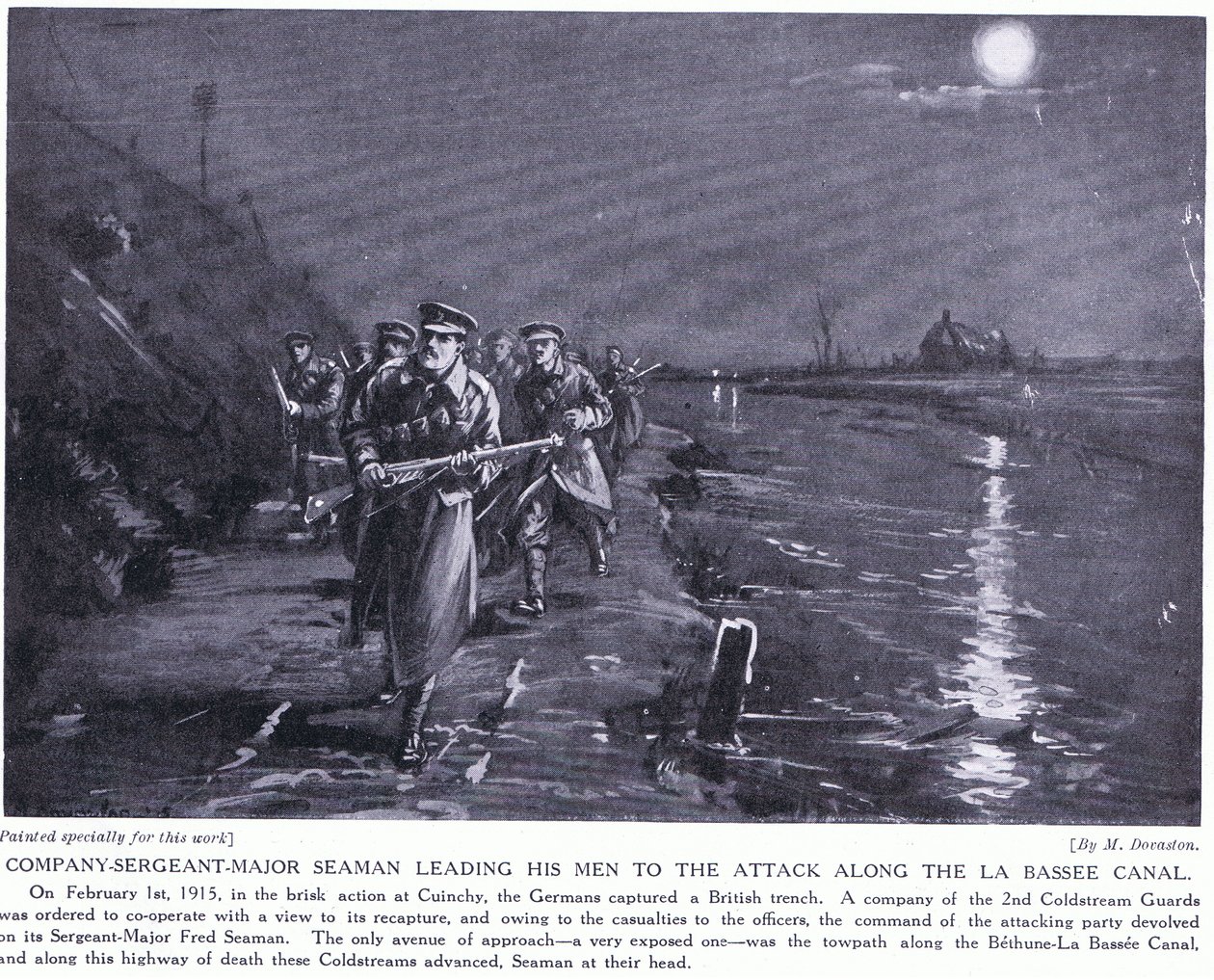 Kompaniets sergeant Major Seaman leder sina män längs La Basse-kanalen februari 1915 (litografi) av Margaret Dovaston