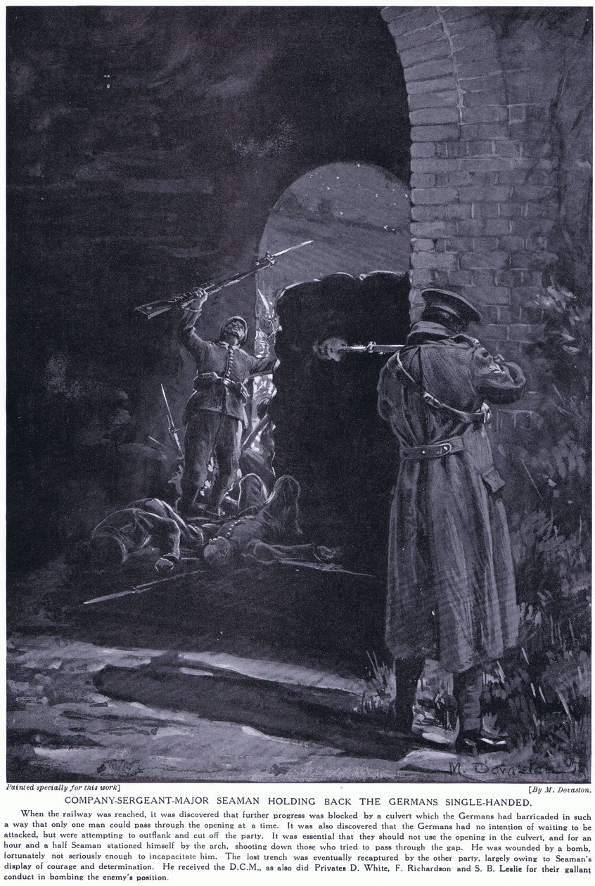 Kompanisergeant Major Seaman vann ett DCM för att med en hand ha hållit tillbaka en tysk attack i februari 1915 (litografi) av Margaret Dovaston