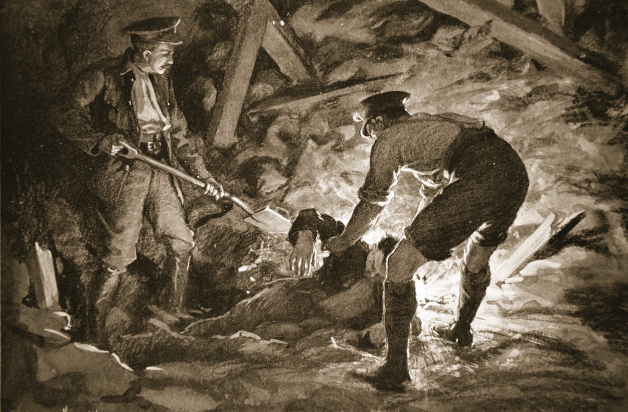 Korpral J. McCartney gräver med hjälp av en kamrat ut en gruvarbetare som begravts av en gruvexplosion (litografi) av Margaret Dovaston