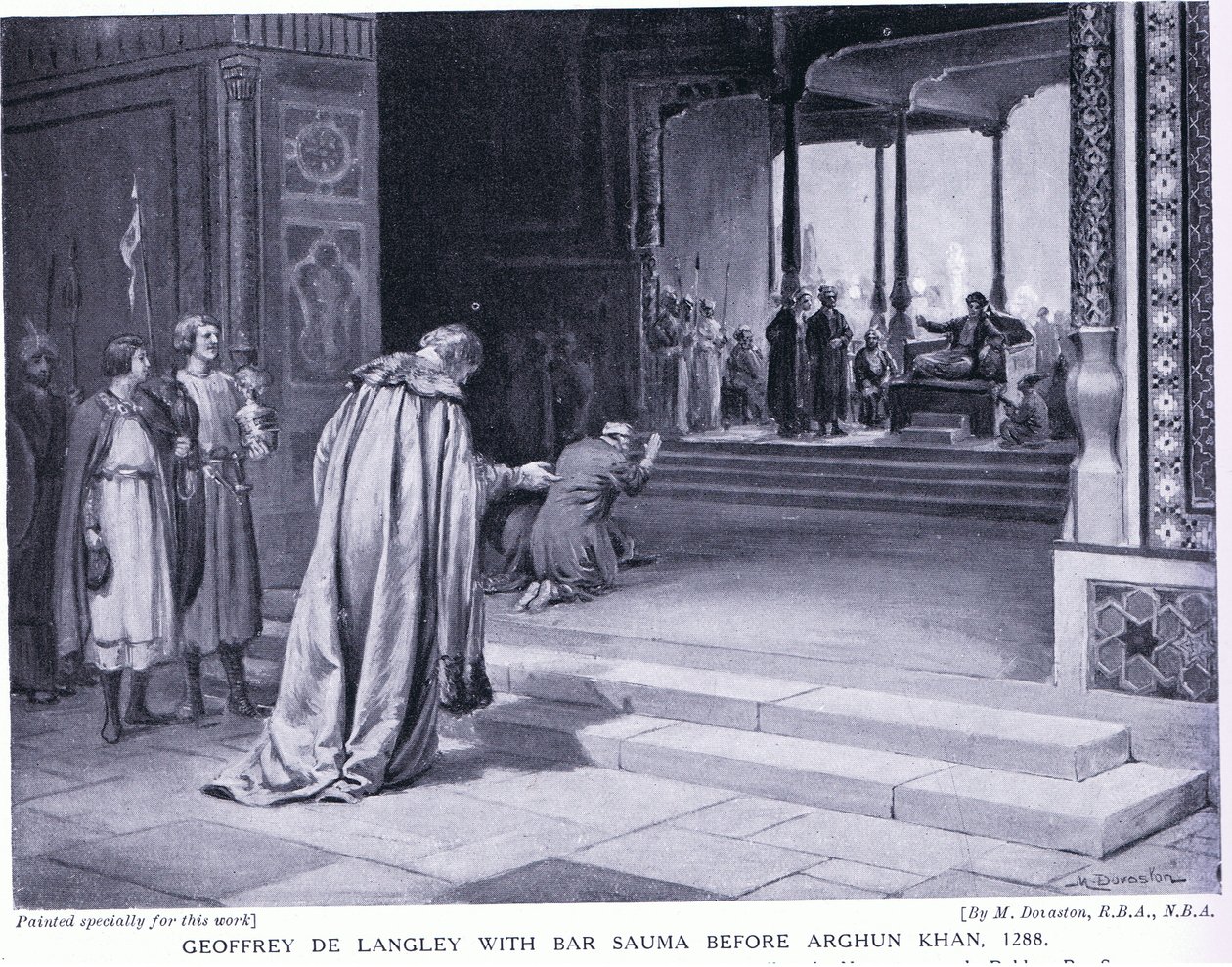 Geoffrey de Langley med Bar Sauma inför Arghun Khan 1288AD (litografi) av Margaret Dovaston