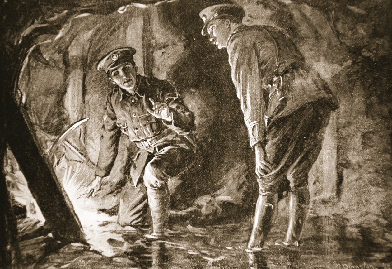 Underkorpral Evason och en officer lyssnar på tyskar i en motgruva (litografi) av Margaret Dovaston