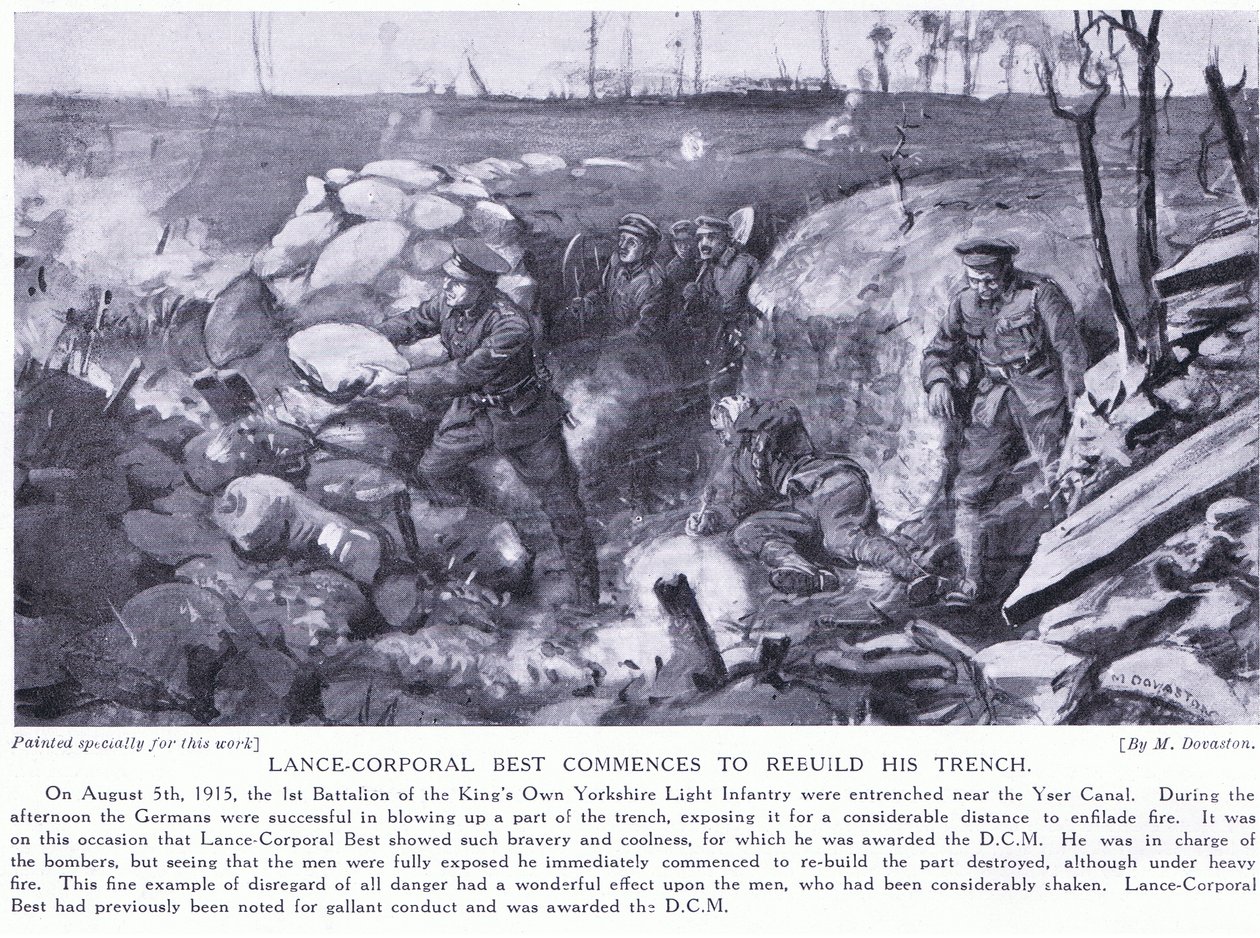 Vicekorpral Best tilldelad DCM för att ha börjat återuppbygga sin skyttegrav vid Yserkanalen under kraftig beskjutning augusti 1915 (litografi) av Margaret Dovaston