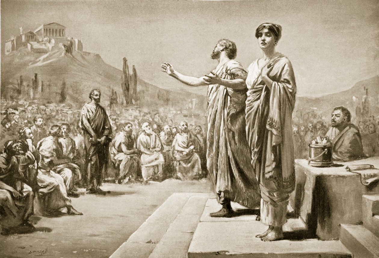 Perikles vädjar om Aspasia, illustration från "Hutchinson