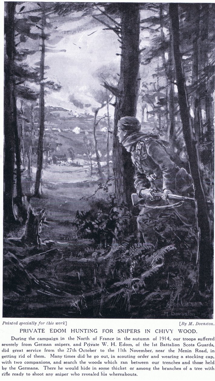Menige Edom på jakt efter krypskyttar i Chivy Wood, hösten 1914 (litografi) av Margaret Dovaston