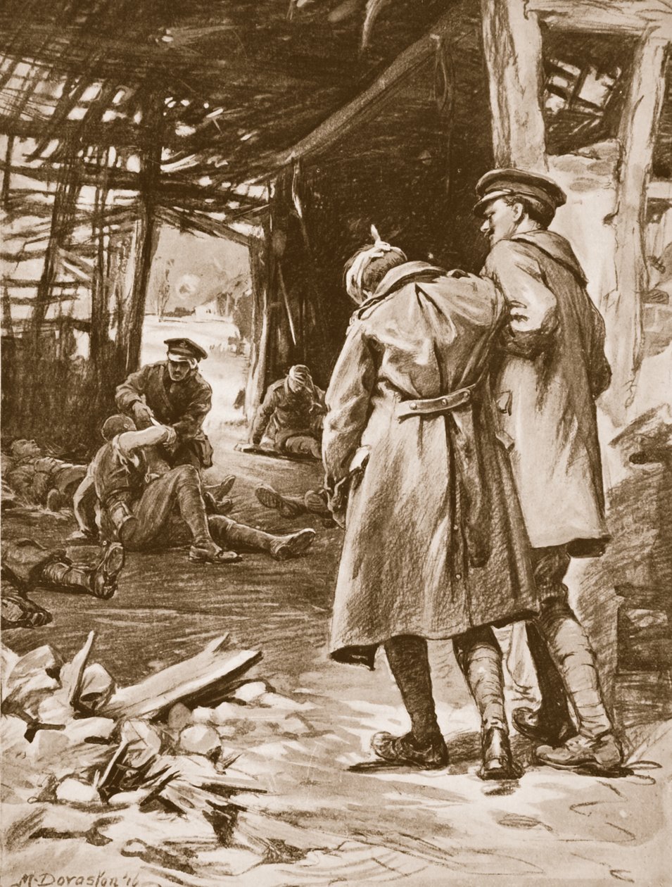 Menige J.S. Kerr ger första hjälpen till de sårade på en gård som utsattes för kraftig beskjutning (litografi) av Margaret Dovaston