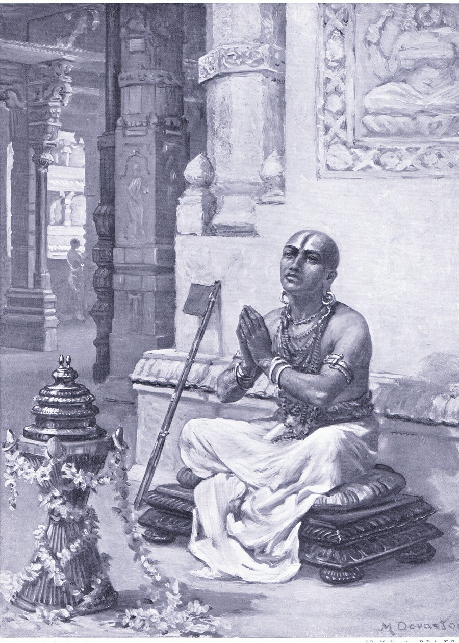 Ramanuja begrundar sin filosofi om den ende personlige Guden 1100 e.Kr (litografi) av Margaret Dovaston