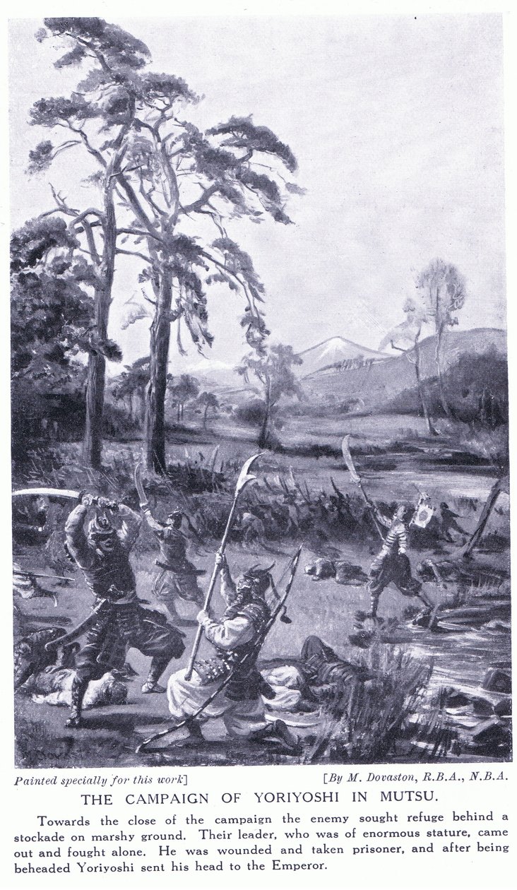 Yoriyoshis fälttåg i Mutsu (litografi) av Margaret Dovaston