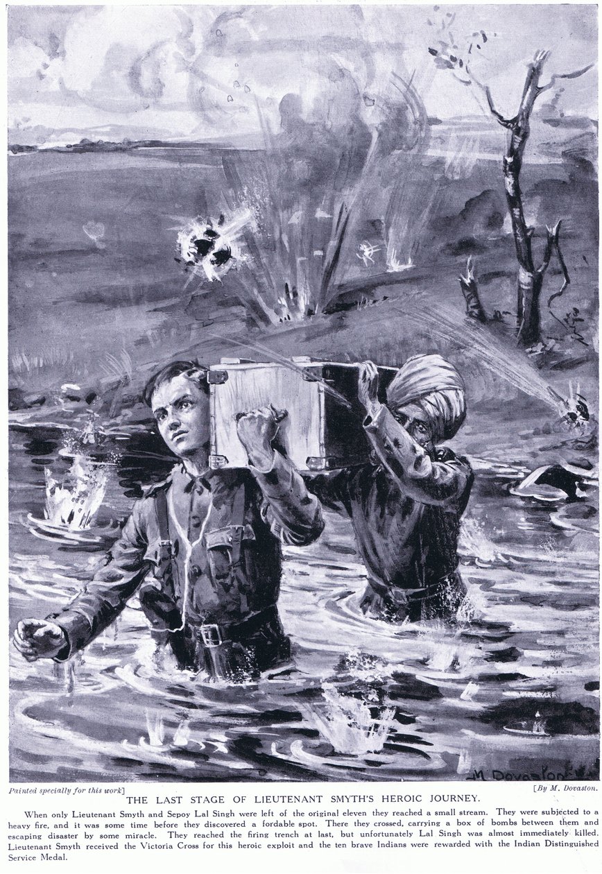 Den sista etappen i löjtnant Smyths heroiska resa: Tilldelades Victoriakorset maj 1915 (litografi) av Margaret Dovaston