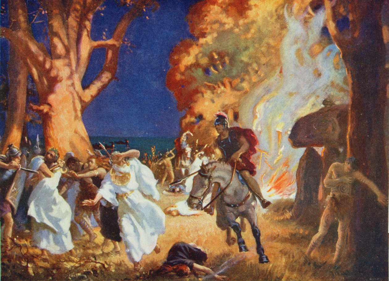 Romarnas massaker på druiderna på Anglesey år 60 e.Kr., illustration från "Hutchinson