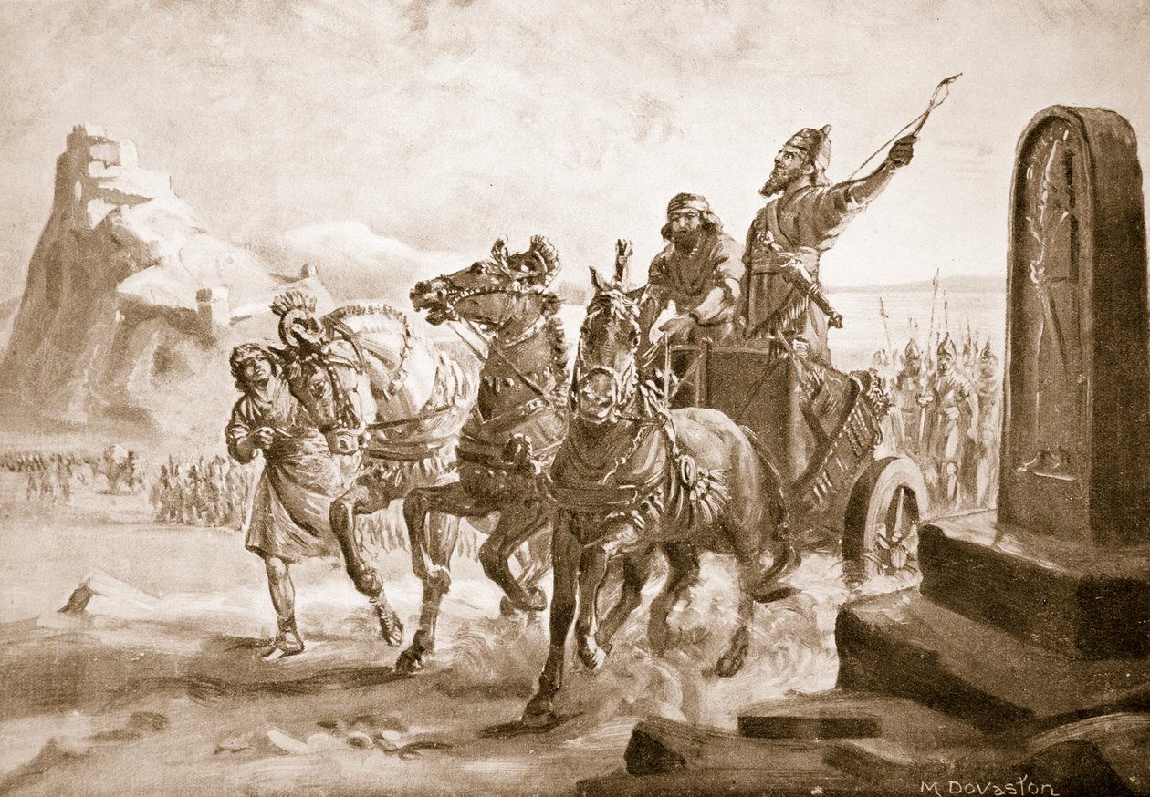 Tiglath-Pileser IV framför citadellet i Turushpa, illustration från "Hutchinson