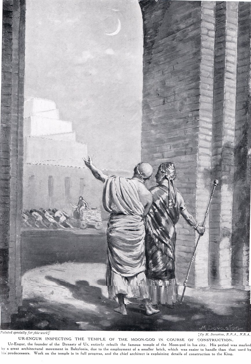 Ur-Engur inspekterar mån- och gudatemplet under byggnation, illustration från "Hutchinson