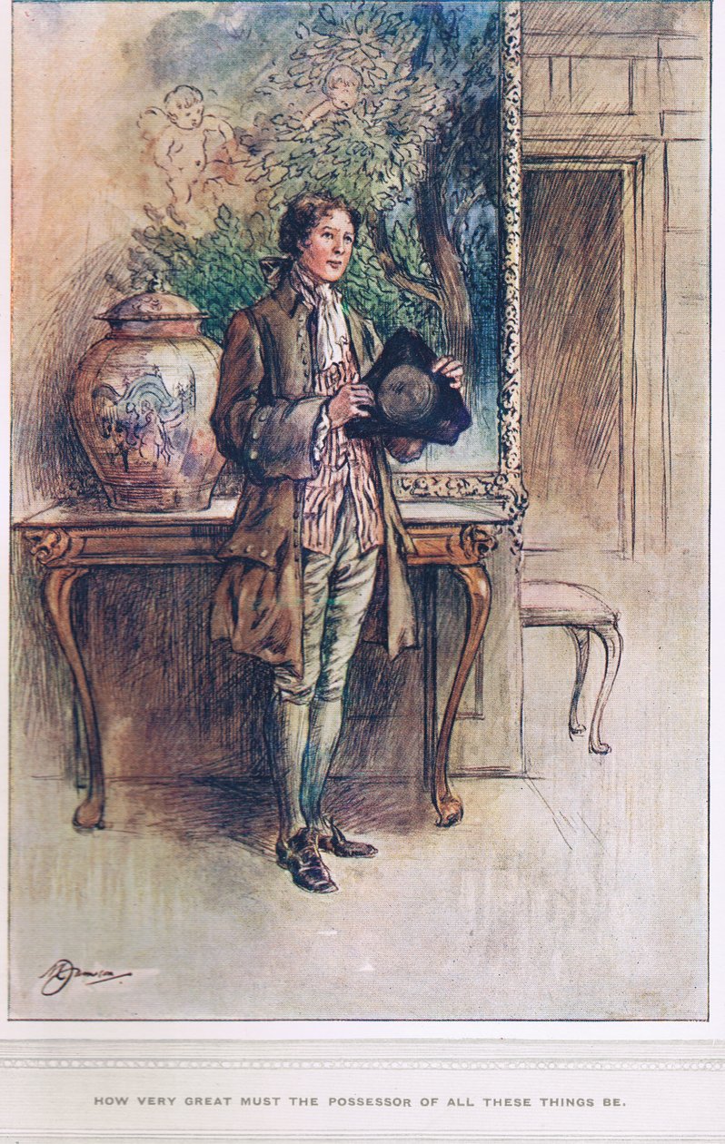 "Hur mycket stor måste innehavaren av alla dessa saker vara", illustration från "The Vicar of Wakefield" av Oliver Goldsmith, ca 1910 av Margaret Jameson