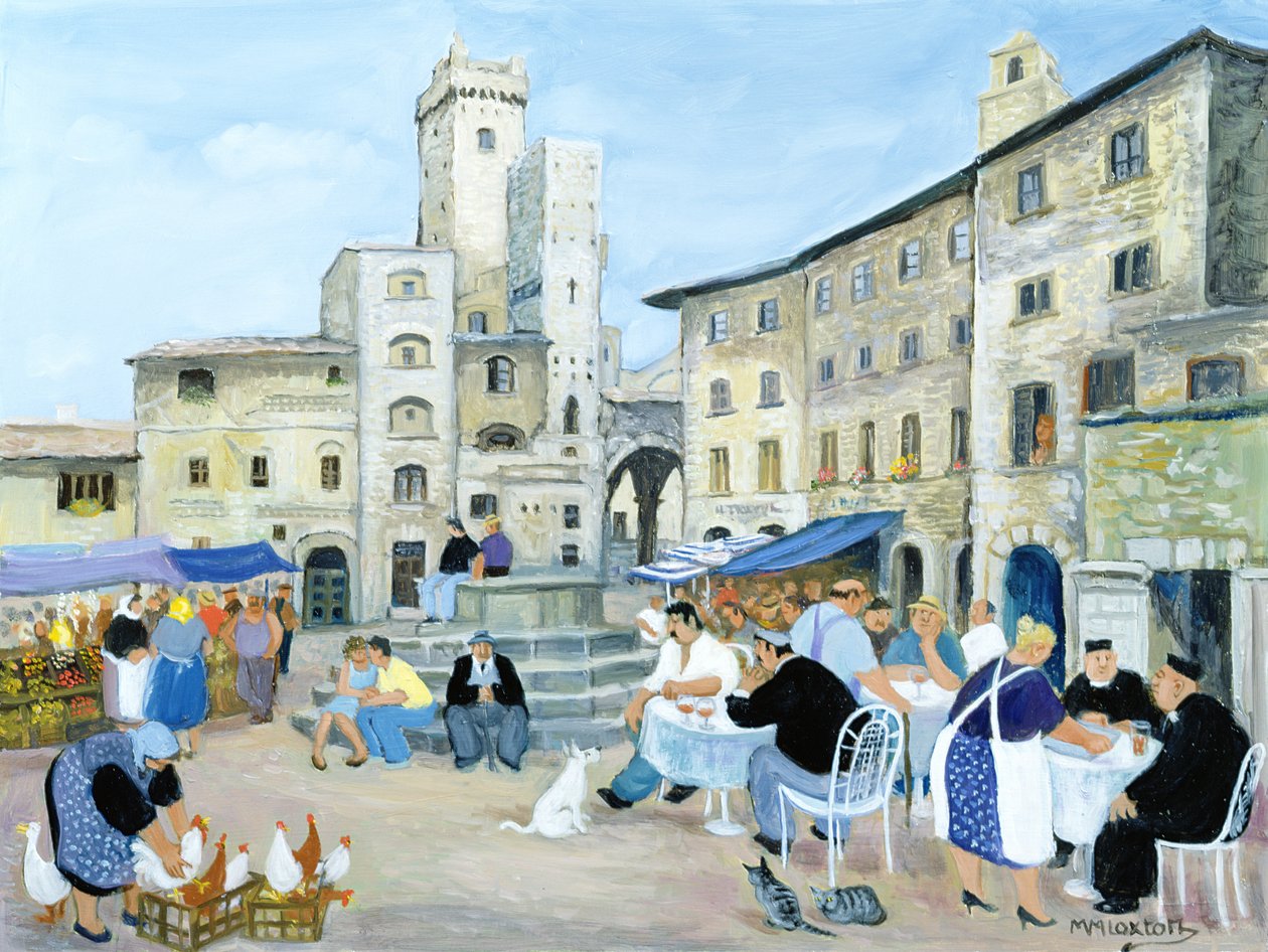 Lunchtid på ett torg, Toscana (olja på duk) av Margaret Loxton