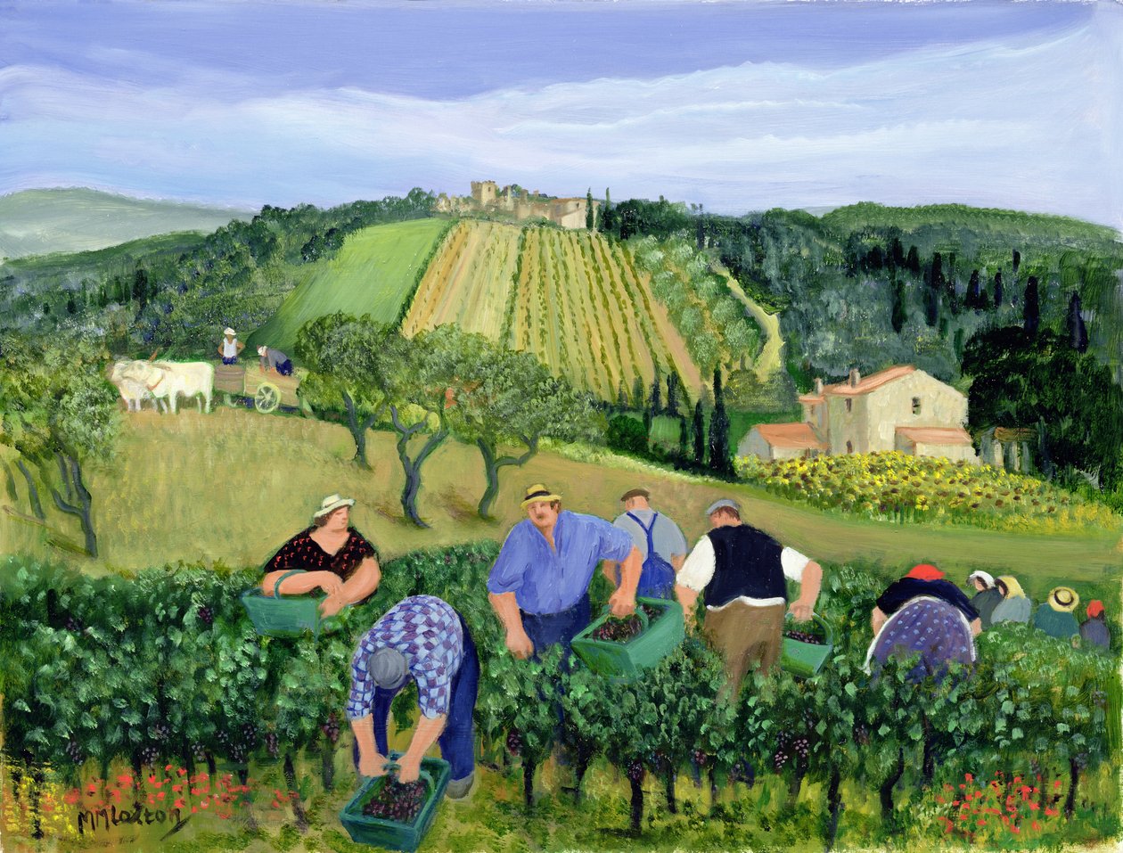 Vingård, oliver och solrosor (olja på duk) av Margaret Loxton