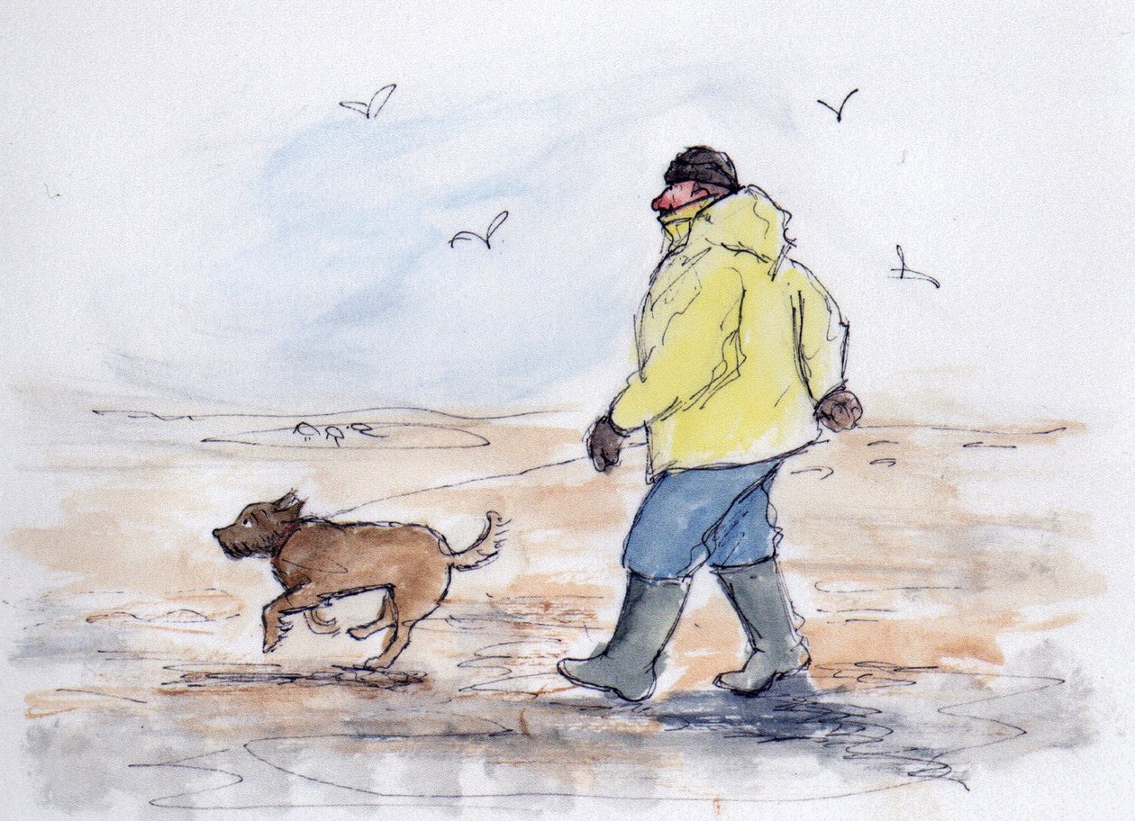 Promenad med hunden - 01 (penna och akvarell) av Margaret Loxton