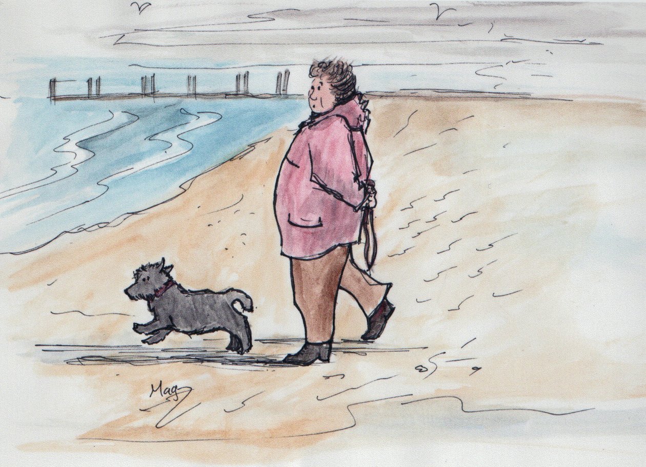 Promenad med hunden - 03 (penna och akvarell) av Margaret Loxton