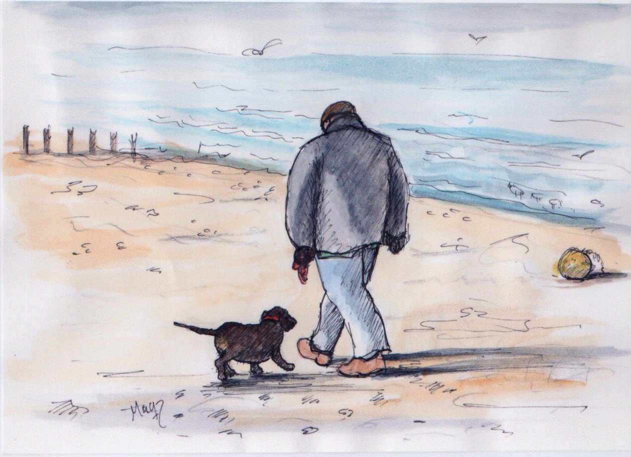 Promenad med hunden - 05 (penna och akvarell) av Margaret Loxton