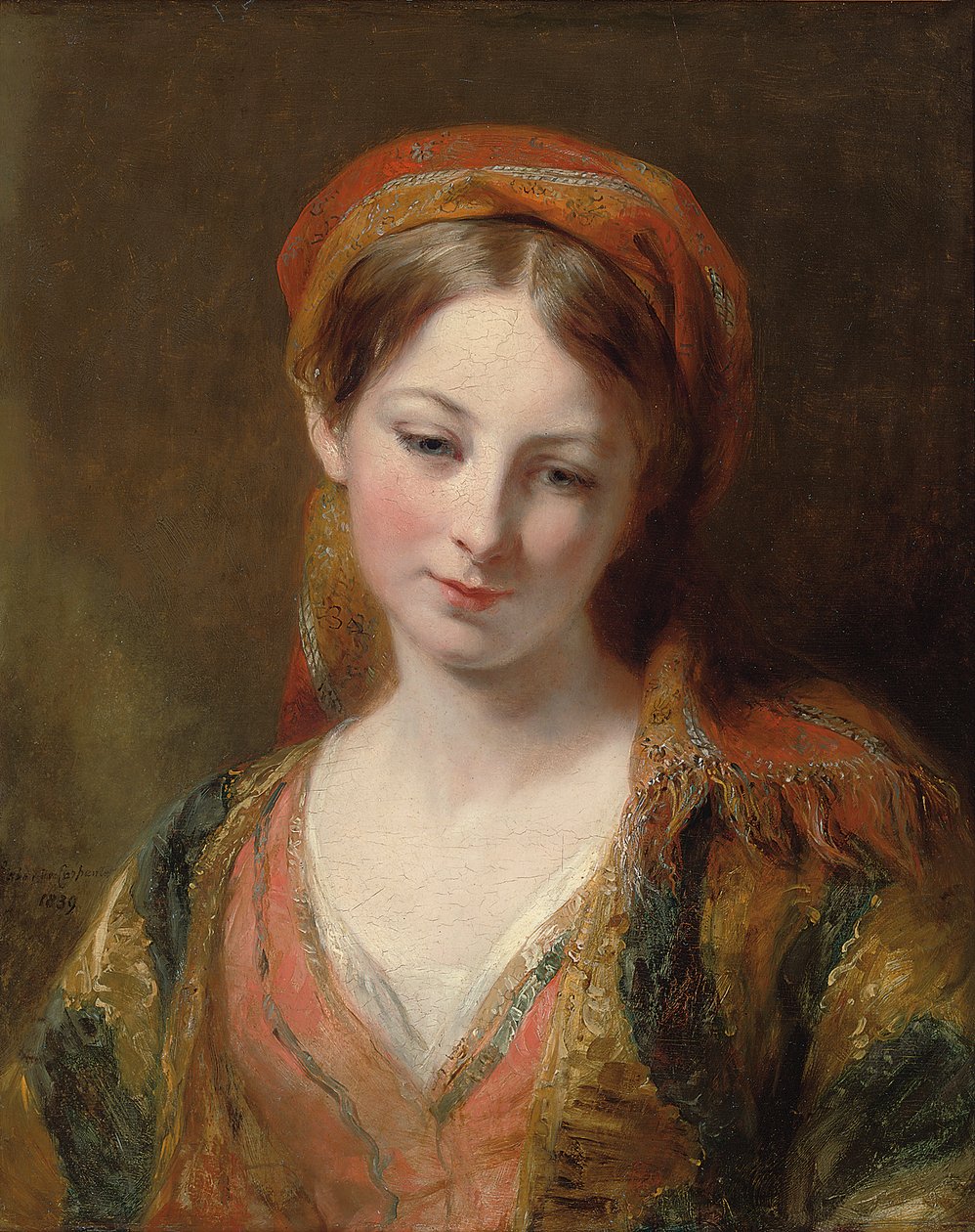 Porträtt av en ung flicka, tros vara Henrietta Carpenter, bystlängd, i orientalisk klänning, 1839 av Margaret Sarah Carpenter