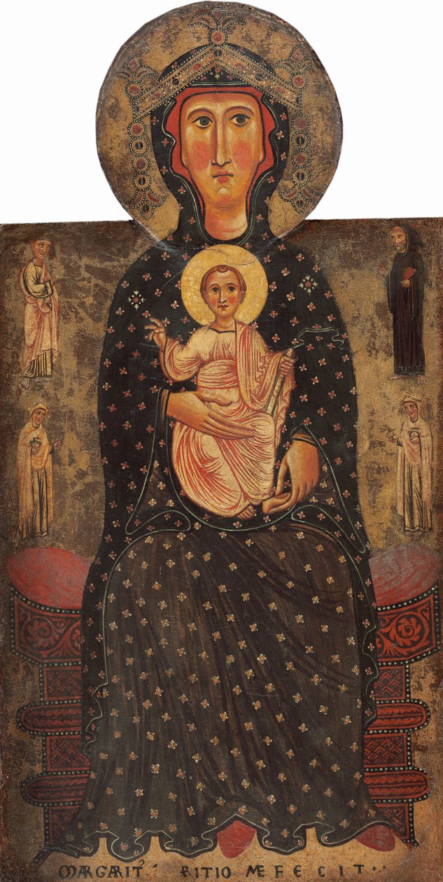 Madonna och barn tronade med fyra heliga, ca. 12401245. av Margarito d