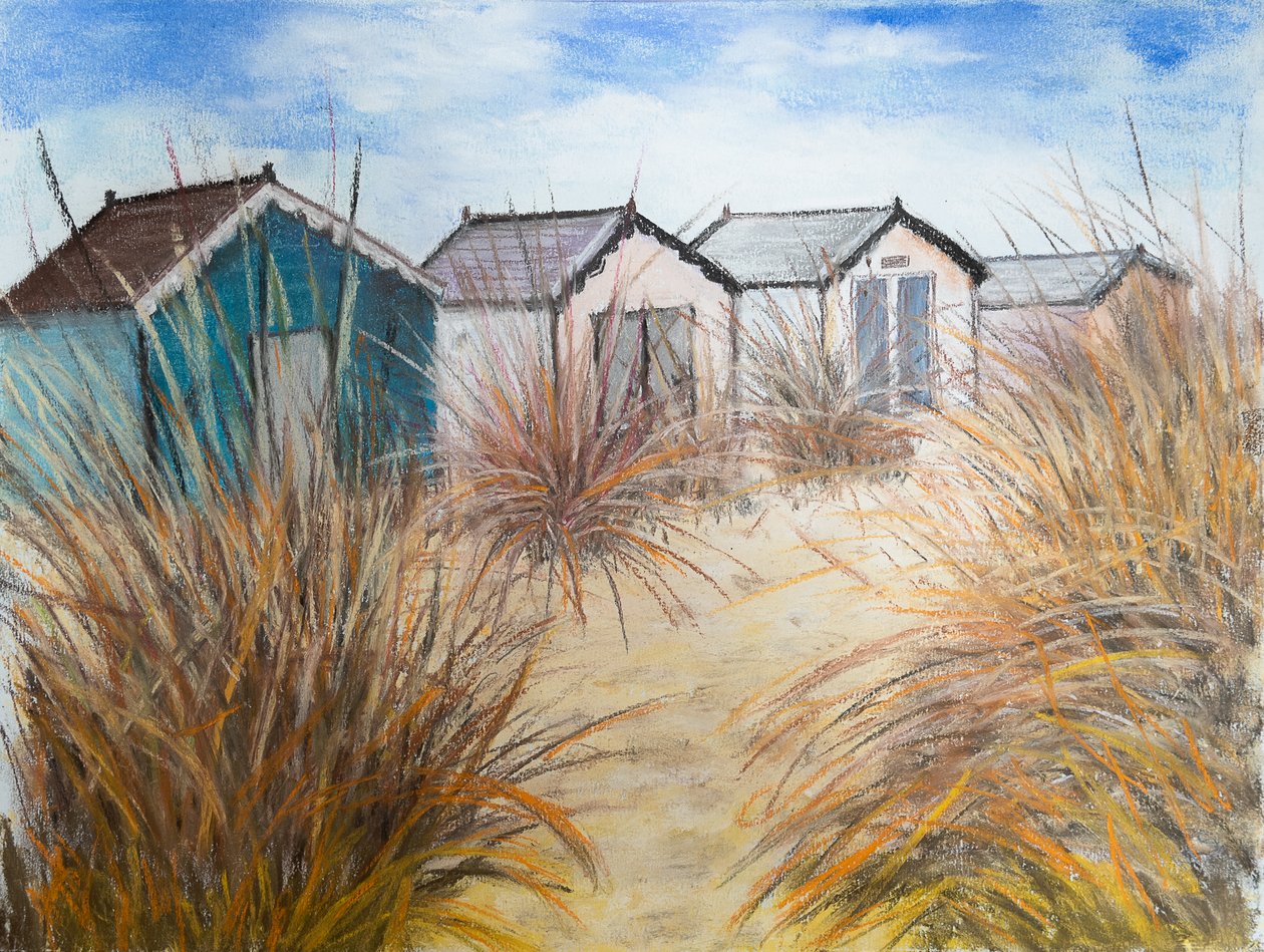 Beach Huts, Cornwall, 2022 (pastell) av Margo Starkey