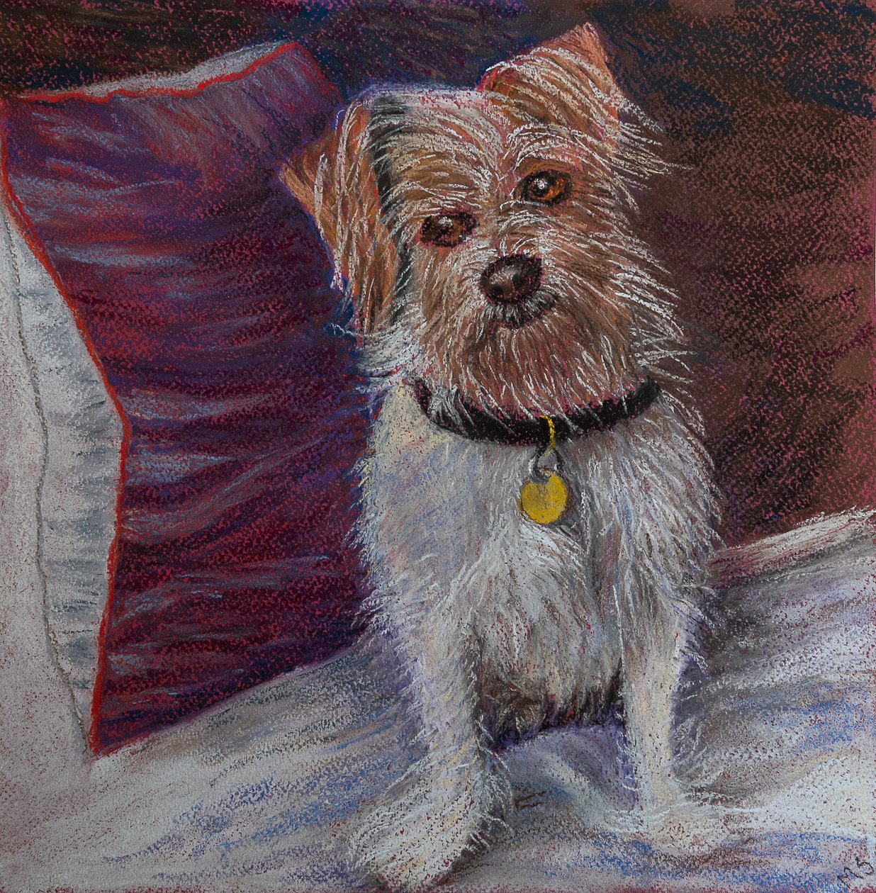 Min lilla hund på sidenkudde, 2020 (pastell) av Margo Starkey