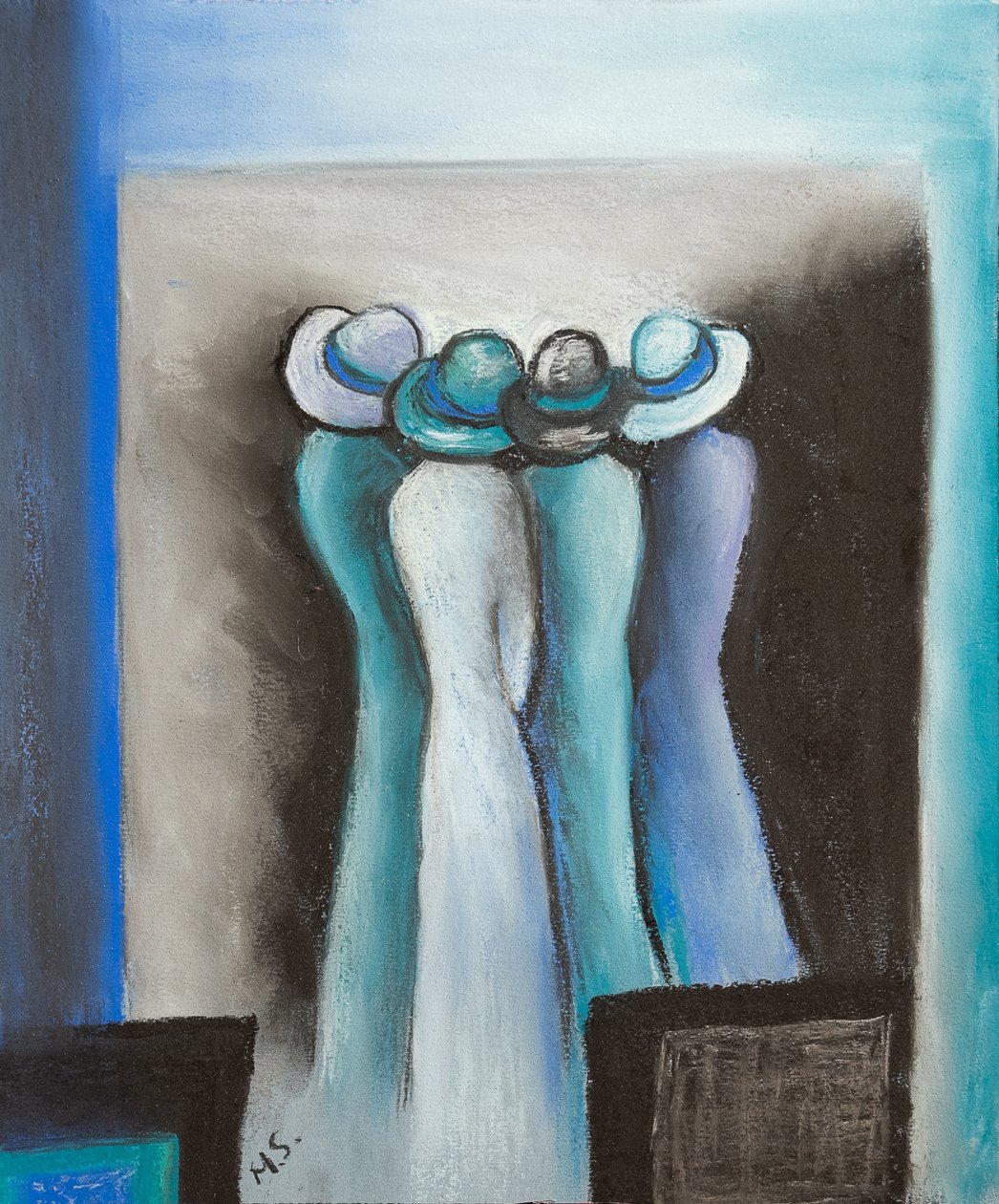 Viskande damer, 2022 (pastell) av Margo Starkey