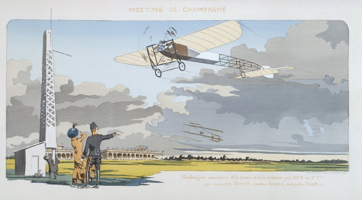 Aviation Meeting at Champagne, utgiven av Mabileau, Paris, 1910 (pochoirtryck) av Marguerite Montaut