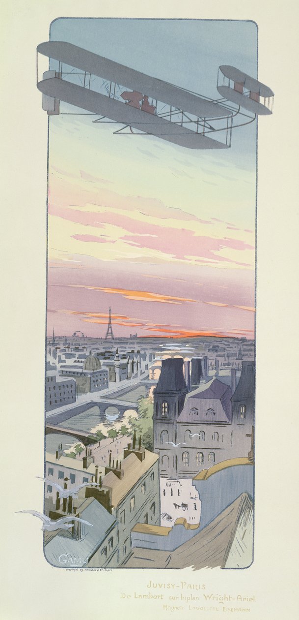 Comte Charles de Lambert flyger en Wright-Ariel Biplane, Juvisy, Paris, publicerad av Mabileau, Paris, 1914 (pochoir tryck) av Marguerite Montaut