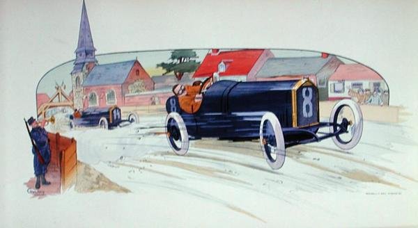 En racingbil från Peugeot i Grand Prix de France 1911 av Marguerite (fl.1909 14) Montaut