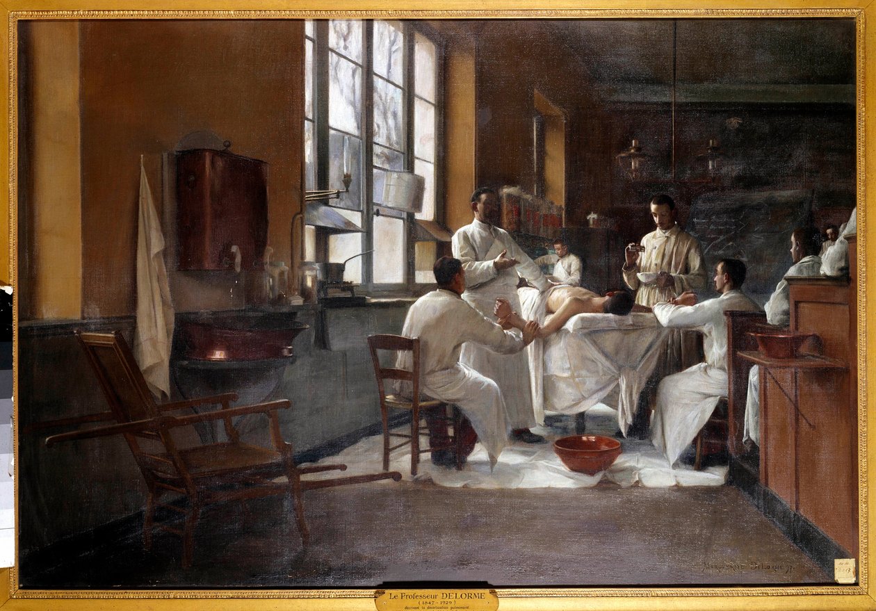 Professor Edmond Delorme (1847-1929) beskriver lungdekortikation för läkare i praktiken i Val de Grace-målningen av Marguerite Delorme (1876-1946). 1894. Paris, musee du Val de Grace - Professor Edmond Delorme (1847-1929) demonstrerar lungdekortik av Marguerite Anne Rose Delorme